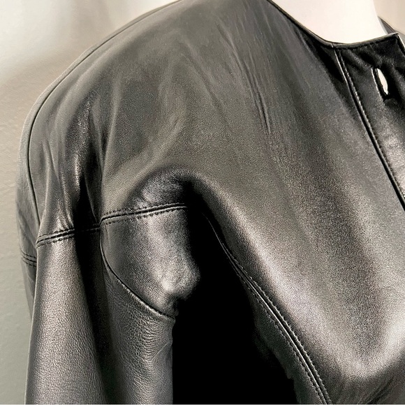 ANNI ‘90 Vtg Black Lambskin Leather Long Button Front Fitted Coat Dress Timeless - Picture 6 of 16